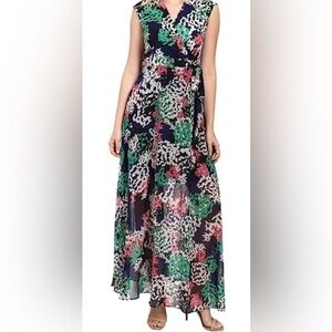 Just Taylor Faux Wrap Maxi Dress Navy Floral Sleeveless Sheer Overlay Lined Sz 2